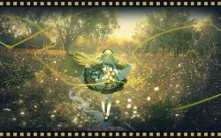 Rule 34 | 1girl, absurdres, closed eyes, dress, eyebrows hidden by hair, flower, grasslands, green hair, hair ornament, hairclip, headdress, highres, kamihari, long hair, looking at viewer, open mouth, original, outdoors, photo (medium), reaching, ribbon, smile, solo, standing, thighhighs, white thighhighs