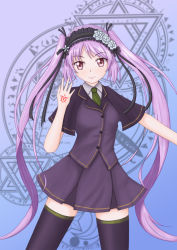 Rule 34 | 1girl, capelet, collared shirt, command spell, commentary request, cosplay, euryale (fate), eyebrows, fate/grand order, fate/hollow ataraxia, fate (series), flower, fujimaru ritsuka (female), fujimaru ritsuka (female) (cosplay), green necktie, hairband, highres, konbini youkai, light smile, lolita hairband, long hair, looking at viewer, necktie, purple eyes, purple hair, purple skirt, purple thighhighs, purple vest, shirt, sidelocks, skirt, solo, tattoo, thighhighs, thighs, twintails, vest, zettai ryouiki