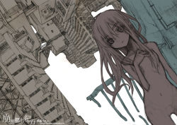 Rule 34 | 1girl, bad id, bad pixiv id, city, cityscape, limited palette, long hair, nude, original, scenery, sentimental vector, shouichi, sketch, solo, upside-down