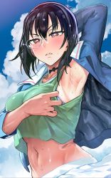 Rule 34 | &gt;:(, 1girl, ?, arm behind head, arm under breasts, arm up, armpit focus, armpits, black choker, black hair, blue bra, blue jacket, blue sky, blush, bow choker, bra, bra peek, breasts, brown eyes, choker, closed mouth, cloud, collarbone, commentary request, crop top, crop top overhang, day, embarrassed, fang, frown, girls und panzer, green tank top, grey-framed eyewear, hair between eyes, hand up, heart, highres, jacket, kawashima momo, long sleeves, looking at viewer, medium breasts, midriff, monocle, navel, norinco, ooarai military uniform, open clothes, open jacket, outdoors, pleated skirt, presenting armpit, semi-rimless eyewear, short hair, skirt, sky, sleeve pull, solo, speech bubble, spoken question mark, standing, sweat, tank top, textless version, twitter username, under-rim eyewear, underwear, upper body, v-shaped eyebrows, white skirt