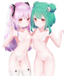 Rule 34 | 2girls, absurdres, bare shoulders, blunt bangs, blush, bra, breast press, breasts, collarbone, commentary, double bun, dual persona, english commentary, flat chest, garter belt, green hair, hair bun, hair ornament, highres, hololive, long hair, looking at viewer, midriff, multiple girls, navel, paid reward available, panties, pink hair, red eyes, shiomikaze, short hair, simple background, skull hair ornament, small breasts, smile, symmetrical docking, thighhighs, underwear, uruha rushia, v, virtual youtuber, white background, white bra, white legwear, white panties