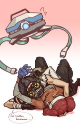 Rule 34 | 1boy, 1girl, absurdres, annoyed, apex legends, bandaged arm, bandages, black headwear, black pants, blue gloves, breasts, cable, d.o.c. health drone, dark-skinned female, dark skin, detached sleeves, double bun, gloves, goggles, gradient background, grey eyes, grey shorts, grey tank top, hair bun, hand on another&#039;s head, hetero, highres, hug, jui (dirtybigrat), lifeline (apex legends), lying on person, mechanical legs, non-humanoid robot, octane (apex legends), open hand, pants, red hair, robot, shorts, small breasts, solid eyes, spanish text, speech bubble, tank top, translated, x x