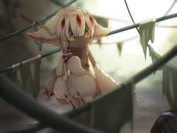 Rule 34 | 1girl, blurry, blurry background, claws, closed mouth, commentary request, dark-skinned female, dark skin, extra arms, faputa, fewer digits, grass, hair between eyes, highres, holding, kneeling, looking to the side, made in abyss, monster girl, outdoors, short hair, solo, totoro mon, very dark skin, white fur, white hair, yellow eyes