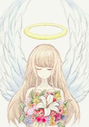 Rule 34 | 1girl, angel wings, bare shoulders, bouquet, brown hair, closed eyes, collarbone, facing viewer, flower, halo, highres, long hair, omochi noa, original, simple background, solo, upper body, white background, white wings, wings
