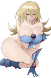 Rule 34 | 1girl, absurdres, areola slip, arm support, bare legs, bare shoulders, blonde hair, blue gloves, breasts, cleavage, collarbone, dark magician girl, dress, duel monster, facial mark, gloves, green eyes, groin, hair between eyes, highres, jewelry, kataku musou, kneeling, large breasts, long hair, looking at viewer, nude, partially undressed, pentagram, shaded face, simple background, smile, solo, thick thighs, thighs, white background, yu-gi-oh!