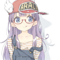 Rule 34 | 1girl, :q, blue eyes, blush, clothes writing, dr. slump, glasses, hat, kani biimu, long hair, norimaki arale, overalls, purple hair, red-framed eyewear, simple background, sketch, smile, solo, tongue, tongue out, winged hat