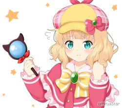 Rule 34 | 1girl, blonde hair, bow, brooch, cabbie hat, capelet, collarbone, commentary request, cosplay, dress, flying sweatdrops, frilled capelet, frilled sleeves, frills, gochuumon wa usagi desu ka?, green eyes, hands up, hat, hat bow, holding, holding magnifying glass, jewelry, kirima syaro, long hair, long sleeves, looking at viewer, magnifying glass, mitya, name connection, pink hat, plaid, plaid headwear, red capelet, red dress, sherlock shellingford, sherlock shellingford (cosplay), simple background, sleeves past wrists, solo, star (symbol), starry background, striped, striped bow, tantei opera milky holmes, twitter username, upper body, white background, yellow bow