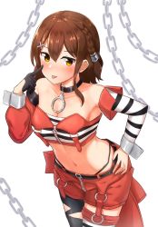 Rule 34 | 1girl, akanbe, alternate hairstyle, belt, black gloves, black panties, blush, braid, breasts, brown hair, chain, choker, cleavage, collarbone, commentary request, crop top, detached sleeves, eyelid pull, female focus, gloves, hair between eyes, hair ornament, hairclip, hand on own hip, highres, idolmaster, idolmaster million live!, idolmaster million live! theater days, index finger raised, karua (karua23), kasuga mirai, looking at viewer, medium breasts, medium hair, midriff, navel, panties, red shorts, shorts, single glove, solo, striped clothes, thigh strap, thong, tongue, tongue out, torn clothes, torn legwear, underwear, white background, yellow eyes, zipper