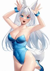 Rule 34 | 1girl, absurdres, animal ears, armpits, arms up, bare arms, bare shoulders, blue eyes, blue footwear, blue leotard, breasts, cameltoe, cleavage, covered navel, cowboy shot, fangs, fox ears, fox girl, fox tail, hair ornament, hairclip, high heels, highleg, highleg leotard, highres, illian-san, large breasts, leg up, leotard, long hair, looking at viewer, meridian project, mizuki (vtuber), multicolored hair, nontraditional playboy bunny, open mouth, simple background, smile, solo, strapless, strapless leotard, streaked hair, tail, taut leotard, thighs, very long hair, virtual youtuber, white background, white hair, wrist cuffs