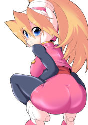 Rule 34 | 1girl, :o, alternate breast size, ass, black pantyhose, blonde hair, blue eyes, blush, bodystocking, breasts, capcom, ciel (mega man), female focus, from behind, hair between eyes, headgear, high heels, high ponytail, large breasts, leaning forward, long hair, looking at viewer, looking back, mega man (series), mega man zero (series), pantyhose, ponytail, semikichi, shoes, simple background, solo, spiked hair, spread legs, squatting, white background