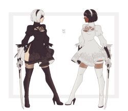 Rule 34 | 2girls, android, back cutout, black blindfold, black dress, black hair, blindfold, boots, cleavage cutout, clothing cutout, covered eyes, dark-skinned female, dark skin, dress, dual persona, feather-trimmed sleeves, hanpetos, high heel boots, high heels, juliet sleeves, leotard, long sleeves, mole, mole under mouth, multiple girls, nier:automata, nier (series), puffy sleeves, simple background, soul calibur, soulcalibur, soulcalibur vi, thighhighs, white leotard, 2b (nier:automata), 2p (nier:automata)