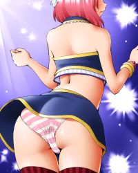 Rule 34 | 10s, 1girl, ass, back, bare shoulders, blush, bracelet, clothes lift, dr rex, from behind, jewelry, love live!, love live! school idol project, miniskirt, nishikino maki, open mouth, panties, red hair, shiny clothes, shiny skin, short hair, skirt, skirt lift, solo, striped clothes, striped panties, thighhighs, underwear, upskirt