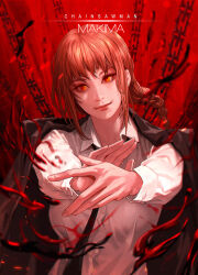 Rule 34 | 1girl, absurdres, black necktie, blood, blood splatter, braid, braided ponytail, business suit, chain, chainsaw man, collared shirt, formal, highres, honey brush, jacket, jacket on shoulders, looking at viewer, makima (chainsaw man), necktie, red background, red hair, ringed eyes, shirt, suit, white shirt