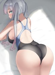 Rule 34 | 1girl, ass, blue eyes, competition swimsuit, cowboy shot, from behind, highres, kibihimi, leaning forward, long hair, looking at viewer, one-piece swimsuit, original, silver hair, solo, standing, swimsuit, twintails, two-tone swimsuit