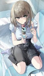 Rule 34 | 1girl, absurdres, black skirt, blue eyes, blue shirt, brown hair, couch, cup, hair ornament, hairpin, heart, highres, holding, holding cup, holding food, holding ice cream, holding spoon, ice cream, kneeling, looking at viewer, medium hair, on couch, original, shirt, short sleeves, skirt, smile, socks, solo, spoon, wata (attaka towel)