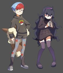 Rule 34 | 2girls, :/, @ @, absurdres, ahoge, arm at side, backpack, bag, black-framed eyewear, black dress, black eyes, black footwear, black shorts, black sweater, blue hair, boots, closed mouth, creatures (company), dress, eevee, female focus, flat chest, flowers-imh, full body, game freak, gen 1 pokemon, glasses, grey background, grey pantyhose, hair between eyes, hairband, hand on own hip, hands up, hex maniac (pokemon), highres, holding, holding poke ball, long hair, long sleeves, looking to the side, matching hair/eyes, multicolored hair, multiple girls, nintendo, objectification, own hands together, pantyhose, penny (pokemon), pigeon-toed, pocket, poke ball, poke ball symbol, pokemon, pokemon sv, pokemon swsh, pokemon xy, purple eyes, purple hair, purple hairband, purple thighhighs, red hair, round eyewear, shoes, short dress, short hair, short shorts, shorts, sidelocks, simple background, standing, steepled fingers, sweater, swept bangs, thighhighs, thighs, two-tone hair, very long hair, zettai ryouiki
