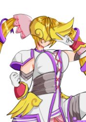 Rule 34 | 1girl, armor, belt, blonde hair, breasts, digimon, digimon rearise, fdillust, hair ornament, hairband, hands up, highres, jewelry, lovely angemon, mask, medium breasts, metal wings, no eyes, shoulder pads, simple background, smile, solo, twintails, v