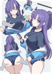 Rule 34 | 1girl, ass grab, black shirt, blue archive, blue buruma, blue jacket, grabbing another&#039;s breast, buruma, grabbing, grabbing from behind, gym shirt, gym uniform, halo, highres, id card, jacket, jacket partially removed, lanyard, long hair, multiple views, official alternate costume, parted bangs, partially unzipped, purple hair, shirt, shiseki hirame, star sticker, sticker, sticker on face, stretching, track jacket, yuuka (blue archive), yuuka (track) (blue archive)