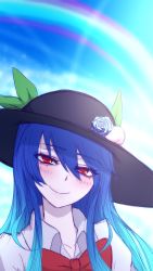 Rule 34 | 1girl, black hat, blouse, blue flower, blue hair, blue rose, blue sky, blush, bow, bowtie, cloud, collarbone, commentary request, day, flower, food, fruit, hair between eyes, hat, hat flower, hat rose, head tilt, highres, hinanawi tenshi, leaf, long hair, looking at viewer, miata (miata8674), peach, portrait, puffy short sleeves, puffy sleeves, rainbow, red bow, red bowtie, red eyes, rose, shirt, short sleeves, sidelocks, sky, smile, solo, touhou, white shirt, wing collar