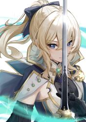 Rule 34 | 1girl, absurdres, black bow, black gloves, black shirt, blonde hair, blue capelet, blue eyes, bow, capelet, center frills, closed mouth, detached collar, detached sleeves, favonius sword (genshin impact), frills, genshin impact, gloves, gnsn tukituki, hair between eyes, hair bow, highres, holding, holding sword, holding weapon, jean (genshin impact), jean (gunnhildr&#039;s legacy) (genshin impact), long hair, looking at viewer, ponytail, serious, shirt, sidelocks, signature, simple background, solo, sword, twitter username, upper body, weapon