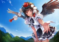 Rule 34 | 1girl, :d, belt, black belt, black hair, black ribbon, black skirt, black wings, blue sky, blush, breasts, cloud, commentary request, cowboy shot, day, feathered wings, hat, leaning forward, looking at viewer, matsuda (matsukichi), medium breasts, miniskirt, mountain, neck ribbon, open mouth, outdoors, petticoat, pleated skirt, pom pom (clothes), puffy short sleeves, puffy sleeves, reaching, reaching towards viewer, red eyes, ribbon, shameimaru aya, shirt, short hair, short sleeves, skirt, sky, smile, solo, standing, tassel, tokin hat, touhou, white shirt, wings