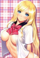 Rule 34 | 1girl, absurdres, arched back, arms behind back, blonde hair, blue eyes, blush, bow, breasts, breasts apart, cleavage, highres, large breasts, long hair, looking at viewer, midriff, no bra, open clothes, open shirt, original, panties, plaid, plaid background, school uniform, shirt, solo, tony taka, underwear, white panties