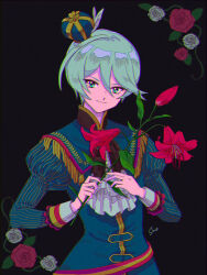 Rule 34 | 1girl, androgynous, ascot, black background, blue jacket, closed mouth, crown, flower, green eyes, grey hair, hair between eyes, holding, holding flower, jacket, juliet sleeves, lily (flower), long sleeves, looking at viewer, pretty series, pripara, puffy sleeves, qing (sankakuosushi), red flower, red rose, reverse trap, rose, shikyoin hibiki, short hair, smile, solo, upper body, white ascot, white flower, white rose