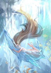 Rule 34 | 1girl, :d, absurdly long hair, aqua theme, bad id, bad pixiv id, barefoot, blue eyes, brown hair, feet, fish, floating hair, freediving, ice, legs up, light rays, long hair, nude, nudist, observerz, one eye closed, open mouth, original, see-through, signature, skinny dipping, smile, soles, solo, sunbeam, sunlight, swimming, toes, underwater, very long hair, wink, zenra