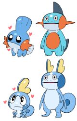 bright_pupils creatures_(company) fakemon full_body game_freak gen_3_pokemon gen_8_pokemon heart marshtomp mudkip nintendo no_humans nostrils open_mouth pokemon pokemon_(creature) sido_(slipknot) simple_background sobble standing white_background white_pupils