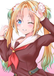 Rule 34 | 1girl, blonde hair, blue eyes, blush, commentary, gradient background, gradient hair, green hair, grin, link! like! love live!, looking at viewer, love live!, meimaru, multicolored hair, one eye closed, osawa rurino, pink background, school uniform, sidelocks, smile, solo, twintails, upper body, virtual youtuber, white background