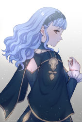 Rule 34 | 1girl, alternate hairstyle, back, back cutout, backless dress, backless outfit, bags under eyes, blue hair, blunt bangs, brown eyes, clothing cutout, dfhnokenbutu, dress, fire emblem, fire emblem: three houses, fire emblem warriors, fire emblem warriors: three hopes, frilled dress, frilled sleeves, frills, from behind, hair ornament, hairband, highres, lace hairband, lace trim, long hair, looking at viewer, looking back, marianne von edmund, nintendo, official alternate costume, official alternate hairstyle, sidelocks, solo, upper body