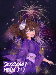 Rule 34 | 1girl, animal ears, blush, breasts, cherrydeswa, dated, fang, fireworks, fox mask, green eyes, happy birthday, highres, horse ears, inari one (umamusume), japanese clothes, kimono, long sleeves, looking at viewer, mask, mask on head, obi, open mouth, purple kimono, sash, short hair, small breasts, smile, solo, thick eyebrows, twintails, twitter username, umamusume, upper body, yukata