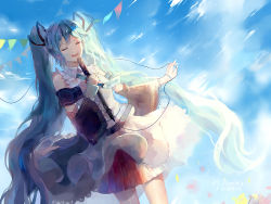 Rule 34 | 1girl, armband, bad id, bad pixiv id, bare shoulders, black skirt, black sleeves, blue sky, cable, chinese commentary, closed eyes, cloud, commentary request, cowboy shot, detached sleeves, dutch angle, flower, frilled skirt, frills, hair ornament, hatsune miku, holding, holding cable, holding microphone, long hair, microphone, music, open mouth, outstretched arm, petals, pleated skirt, sa (roddorrod), shirt, sidelighting, singing, skirt, sky, sleeveless, sleeveless shirt, solo, string of flags, twintails, very long hair, vocaloid, white shirt, wide sleeves