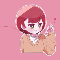 Rule 34 | 1girl, blush, brown sweater, collared shirt, commentary request, cropped torso, dress shirt, green eyes, hand up, heart, heart-shaped pupils, highres, long sleeves, oan (o annn), open mouth, original, outline, pink background, red hair, shirt, short hair, simple background, solo, string, string of fate, sweater, symbol-shaped pupils, upper body, white outline, white shirt