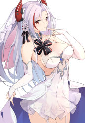 Rule 34 | 1girl, absurdres, azur lane, black ribbon, breasts, bridal gauntlets, cleavage, closed mouth, finger to mouth, hair ribbon, headgear, highres, light purple hair, long hair, looking at viewer, medium breasts, mole, mole on breast, multicolored hair, prinz eugen (azur lane), prinz eugen (symphonic fate) (azur lane), red eyes, red hair, ribbon, simple background, skirt, smile, solo, streaked hair, white background, white skirt, ziro (zirorong)