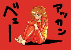 Rule 34 | 1girl, akanbe, ass, barefoot, blush, closed mouth, embarrassed, evangelion: 2.0 you can (not) advance, eyelid pull, feet, fetal position, finger to cheek, from side, frown, full body, headgear, huge ass, hugging own legs, kiyosumi hurricane, knees up, legs together, long hair, looking at viewer, neon genesis evangelion, orange hair, plugsuit, raised eyebrows, rebuild of evangelion, red background, red theme, shadow, shiny clothes, simple background, sitting, sketch, skin tight, soles, solo, souryuu asuka langley, test plugsuit, toes, tongue, tongue out, translation request, turtleneck, two side up