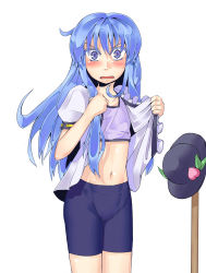 Rule 34 | 1girl, alternate eye color, bad id, bad pixiv id, bike shorts, blue eyes, blue hair, blush, female focus, flat chest, food, fruit, groin, hat, highres, hinanawi tenshi, leaf, long hair, mashio, matching hair/eyes, navel, open clothes, open mouth, open shirt, panties, peach, puffy sleeves, shirt, short sleeves, solo, sports bra, touhou, underwear, white background