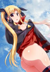 Rule 34 | 1girl, absurdres, ass, black gloves, black thighhighs, blonde hair, breasts, brown eyes, cape, cape lift, cloud, commentary request, day, dutch angle, fate testarossa, gloves, hair ribbon, highres, large breasts, long hair, lyrical nanoha, naked cape, no panties, open mouth, raidon, ribbon, sideboob, sky, solo, sweat, thighhighs, twintails
