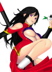 Rule 34 | 1girl, akihero, arc system works, black hair, blazblue, blazblue: calamity trigger, breasts, china dress, chinese clothes, dress, covered erect nipples, female focus, highres, lao jiu, litchi faye ling, long hair, purple eyes, solo, staff, underboob, white background