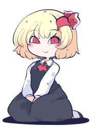 Rule 34 | 1girl, ascot, black skirt, black vest, blonde hair, blush stickers, chahan (fried rice0614), closed mouth, collared shirt, hair ribbon, highres, long sleeves, one-hour drawing challenge, red ascot, red eyes, red ribbon, ribbon, rumia, shirt, short hair, simple background, skirt, smile, solo, touhou, vest, white background, white shirt