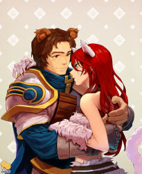 Rule 34 | 1boy, 1girl, 2gold, alternate costume, animal ears, animal hands, armor, bear ears, brown eyes, brown hair, cape, cat ears, cat tail, claws, couple, fur, garen (league of legends), gauntlets, green eyes, hetero, hug, katarina (league of legends), kitty cat katarina, league of legends, long hair, looking at another, open mouth, pauldrons, red hair, scar, short hair, shoulder armor, smile, tail