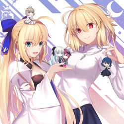 Rule 34 | 1boy, 5girls, ahoge, arcueid brunestud, artoria caster (fate), artoria caster (third ascension) (fate), artoria pendragon (fate), blonde hair, blue ribbon, blue skirt, blush, breasts, chibi, ciel (tsukihime), cleavage, closed mouth, dress, facial mark, baobhan sith (fate), fate/grand order, fate (series), forehead mark, green eyes, hair ribbon, highres, large breasts, long hair, long sleeves, looking at viewer, medium breasts, morgan le fay (fate), multiple girls, neko daruma, oberon (fate), open mouth, red eyes, ribbon, short hair, skirt, smile, sweater, tsukihime, tsukihime (remake), turtleneck, turtleneck sweater, twintails, very long hair, white dress, white sweater