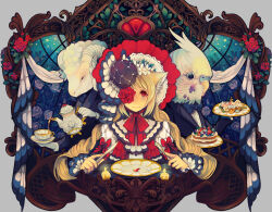 Rule 34 | 1girl, 2boys, animal ears, animal head, bags under eyes, bird boy, black jacket, blonde hair, blue bow, blue bowtie, bonnet, bow, bowtie, braid, butler, cake, candle, cat ears, cat girl, choppy bangs, closed mouth, cup, cupcake, dress, eiyuu chronicle, flower, flower over eye, food, fork, frilled sleeves, frills, gloves, grey background, hair flower, hair ornament, holding, holding fork, holding knife, holding plate, holding teapot, jacket, knife, leaf, long hair, long sleeves, looking at viewer, multiple boys, natsumika, petals, picture frame, plate, purple flower, purple rose, red eyes, red flower, red headwear, red ribbon, red rose, ribbon, rose, saucer, sheep boy, shirt, sidelocks, sleeve bow, smile, table, tea, teacup, teapot, twin braids, upper body, white dress, white flower, white gloves, white shirt, window