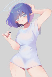 Rule 34 | 1girl, absurdres, aoi (blue archive), aqua eyes, armpits, asymmetrical hair, bare arms, bare legs, blue archive, breasts, check commentary, collarbone, commentary, commentary request, curvy, earrings, grey background, halo, hand on own head, head tilt, highres, holding, holding jewelry, holding own hair, jewelry, looking at object, medium breasts, medium hair, mole, mole under eye, no bra, no panties, open mouth, parted lips, pink nails, pointy ears, purple hair, putting on jewelry, semi-transparent, shirt, simple background, slit pupils, solo, sweat, sweatdrop, teoskyrios, thigh gap, thighs, white shirt, wide sleeves