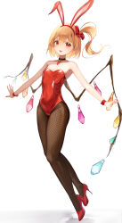 Rule 34 | 1girl, 81somei, animal ears, blonde hair, breasts, crystal wings, fake animal ears, fishnet pantyhose, fishnets, flandre scarlet, full body, high heels, highres, leotard, medium hair, open mouth, pantyhose, patent heels, playboy bunny, pumps, rabbit ears, red eyes, red leotard, shoes, side ponytail, simple background, small breasts, solo, stiletto heels, touhou, white background