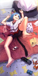 Rule 34 | 1girl, animal ears, bad id, bad pixiv id, barefoot, bike shorts, blue hair, book, brown eyes, cameltoe, can, cat ears, cat tail, doll, fang, feet, foot focus, foreshortening, handheld game console, highres, legs, marker, observerz, original, pillow, playstation portable, skirt, solo, tail, tears