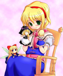 Rule 34 | 1girl, alice margatroid, blonde hair, blue dress, chair, character doll, closed mouth, dress, female focus, green eyes, hairband, hand puppet, kirisame marisa, pink background, puppet, shanghai doll, short hair, sitting, solo, tilm, touhou