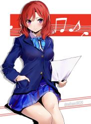 Rule 34 | 1girl, blue bow, blue bowtie, blue skirt, bow, bowtie, breasts, closed mouth, hand in pocket, highres, long sleeves, looking at viewer, love live!, love live! school idol project, medium breasts, musical note, nakano maru, nishikino maki, plaid, plaid skirt, purple eyes, red hair, school uniform, short hair, skirt, smile, solo, striped bow, striped bowtie, striped clothes, striped neckwear, thighs, twitter username