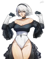 Rule 34 | 1girl, 2b (nier:automata), absurdres, bare shoulders, black choker, black hairband, blue eyes, breasts, choker, cleavage, closed mouth, collarbone, commentary, covered navel, crossed legs, eyelashes, gelldraws, gluteal fold, hair between eyes, hairband, highres, large breasts, leotard, nier:automata, nier (series), off-shoulder leotard, pink lips, short hair, signature, simple background, solo, standing, white background, white hair