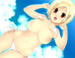 Rule 34 | 1girl, :o, armpits, arms up, bikini, blonde hair, blue sky, bracelet, breasts, clenched hands, cowboy shot, day, dutch angle, earrings, eyes visible through hair, fingernails, front-tie bikini top, front-tie top, gluteal fold, hair ornament, hairclip, highres, inverted nipples, jewelry, kinoshita ichi, large breasts, long fingernails, looking at viewer, navel, nipples, non-web source, open mouth, original, outdoors, parted bangs, red eyes, short hair, side-tie bikini bottom, sky, solo, string bikini, swimsuit, wardrobe malfunction, white bikini